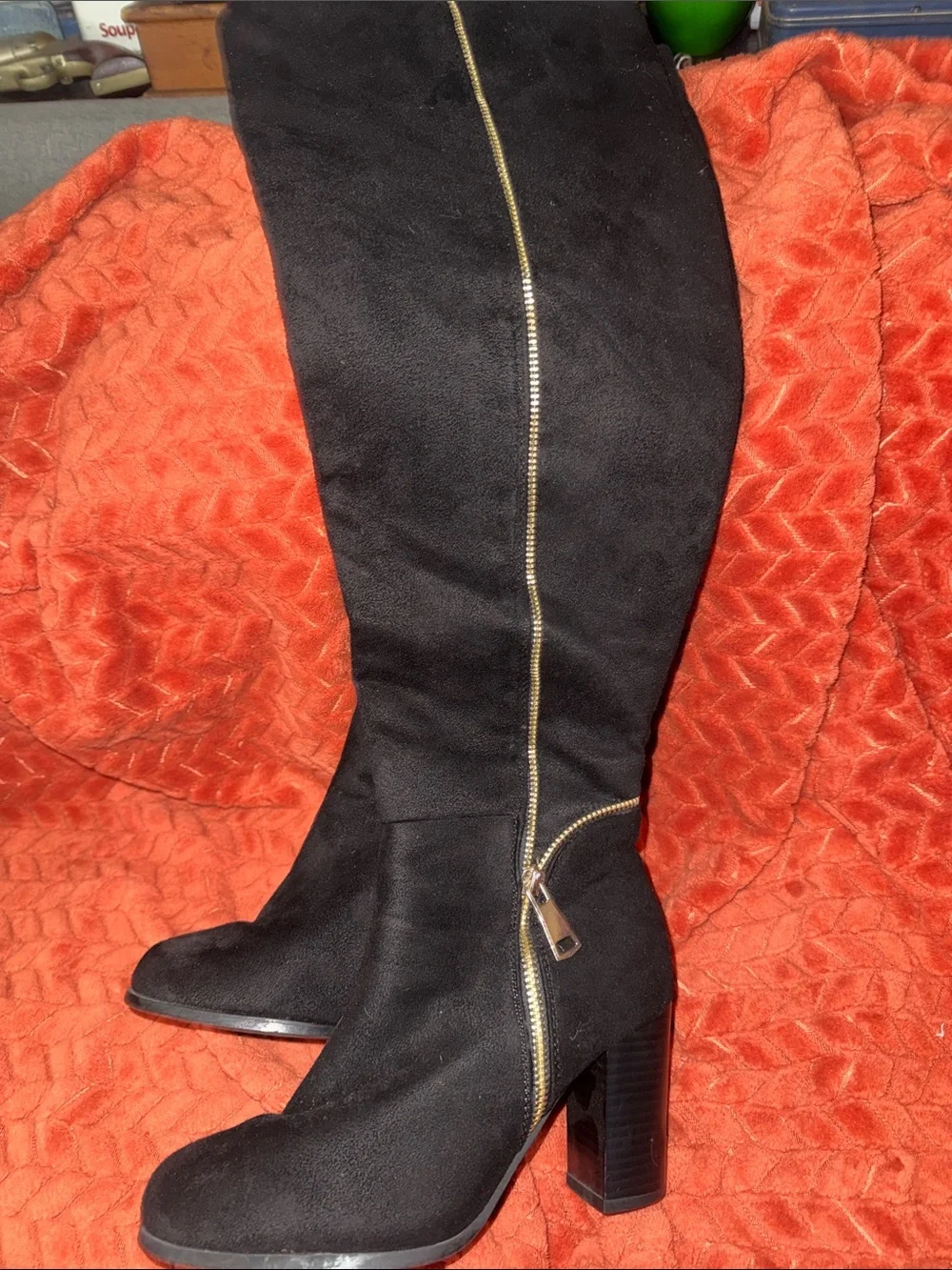 Forever Black Suede Over-The-Knee Boots | Gold Zipper Accent & Block Heel (Size